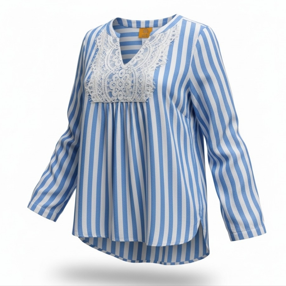 Blue and White Striped Tunic Style Blouse. Petite Small.